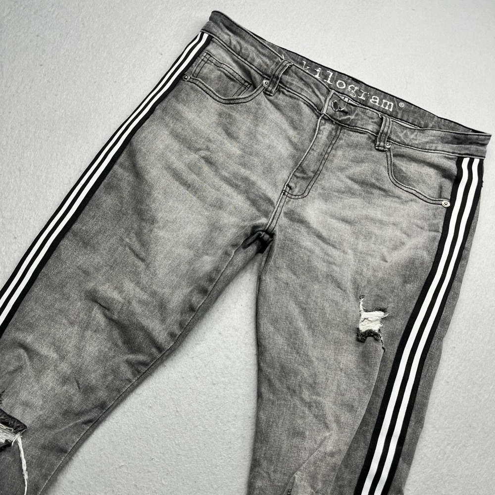 Kilogram Men's Distressed Skinny‎ Jeans Grey Side Stripe Size 38 Streetwear Y2K